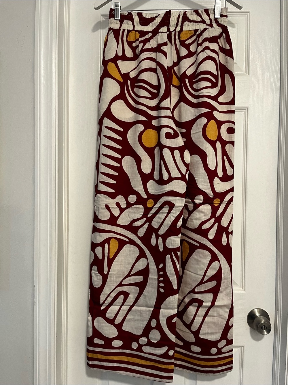 Maroon, White & Mustard Abstract Print Wide-Leg Pants